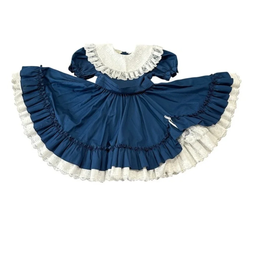 Vintage Mini World Girls 6X Navy Blue Lace Cottagecore Prairie Dress Puff Sleeve